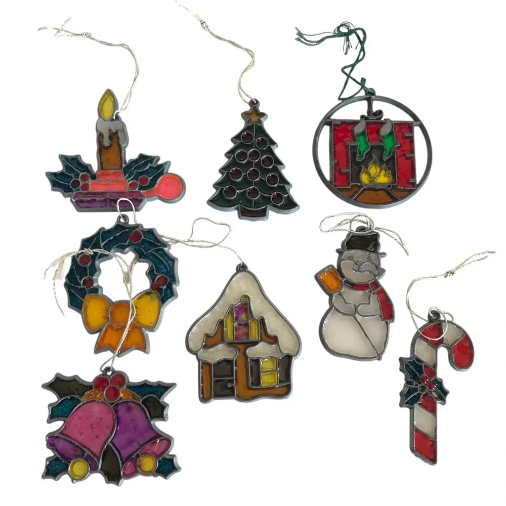 VINTAGE 80s 90s Lot of 8 Stained Glass Style Suncatcher Christmas Ornaments